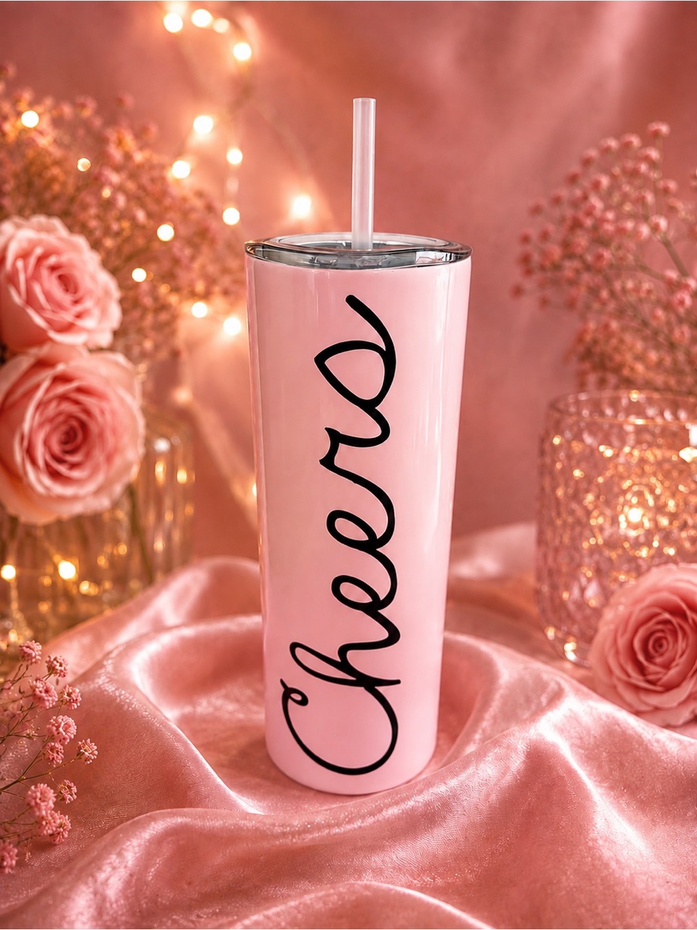 Pink 'Cheers' Stainless Steel Tumbler with Straw